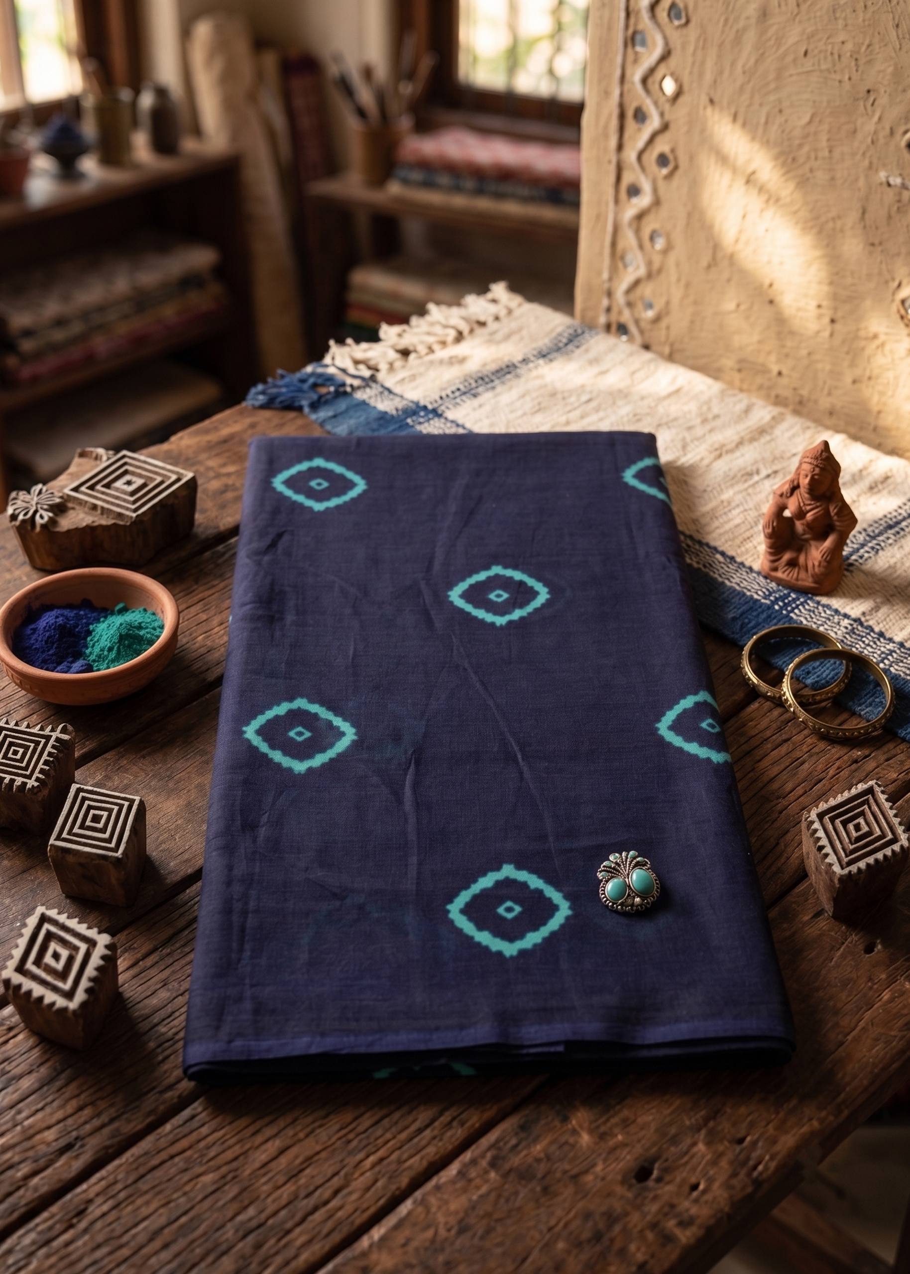 PURE SOFT COTTON JAIPUR BLOCK PRINT BLUE SAREE WITH BLOUSE