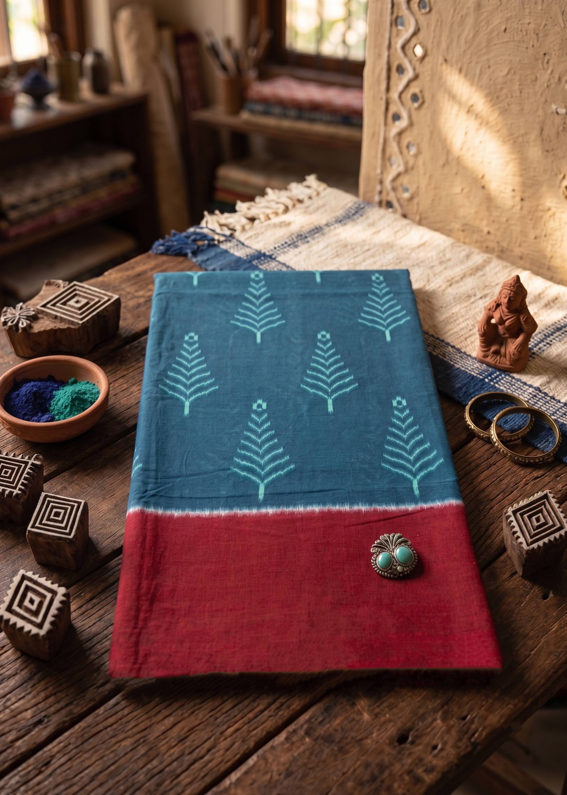 PURE SOFT COTTON JAIPUR BLOCK PRINT TEAL SAREE WITH BLOUSE