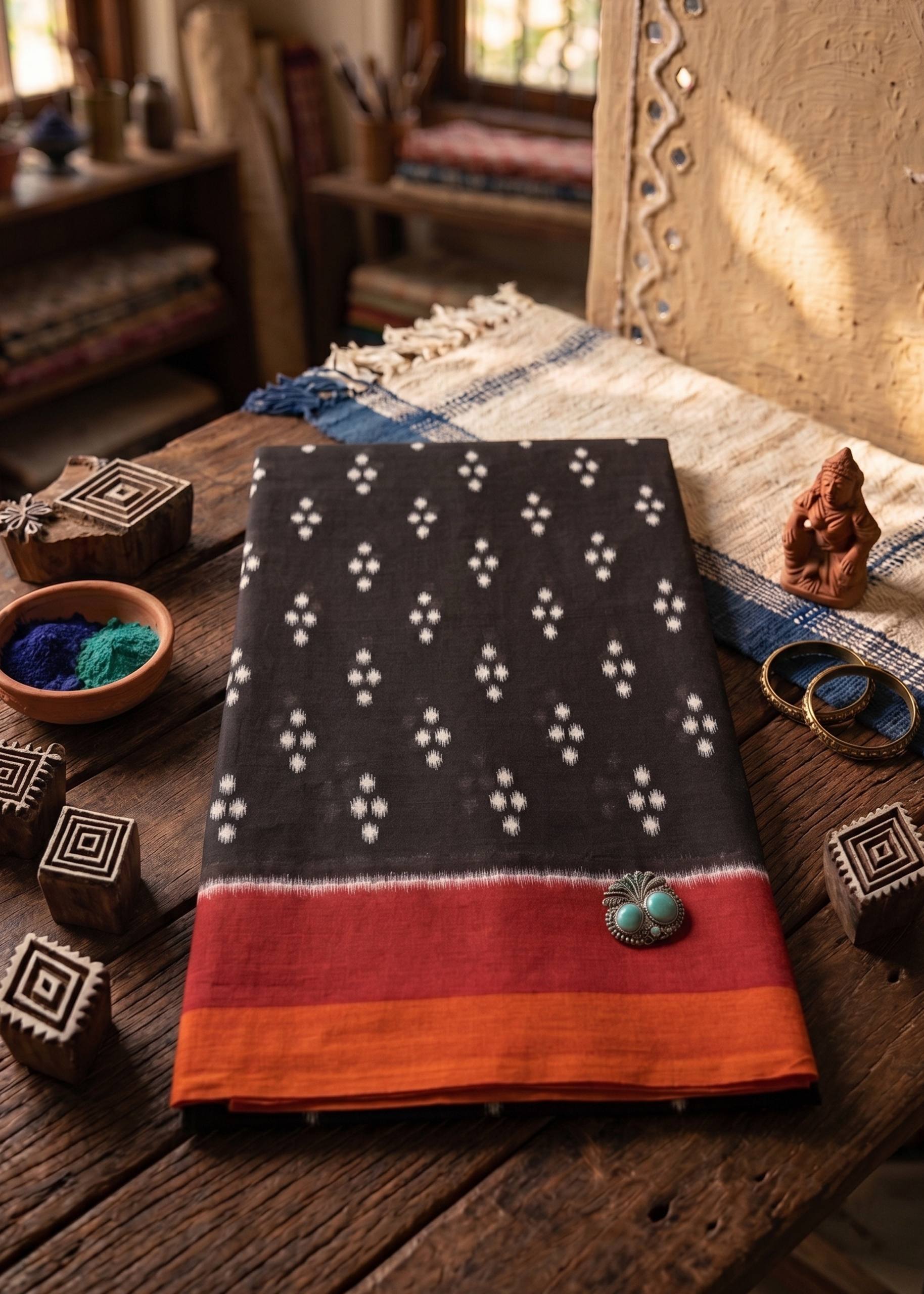 PURE SOFT COTTON JAIPUR BLOCK PRINT BROWN SAREE WITH BLOUSE
