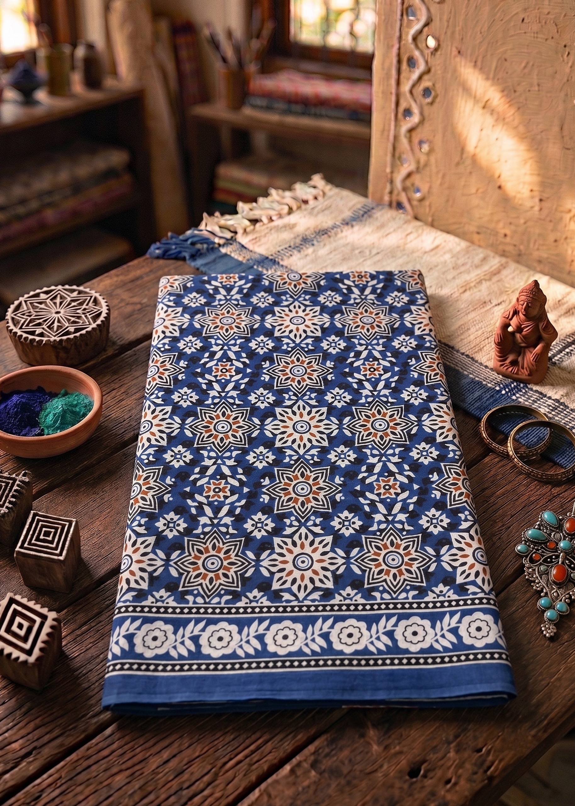 PURE SOFT COTTON JAIPUR BLOCK PRINT MULTI BLUE SAREE WITH BLOUSE