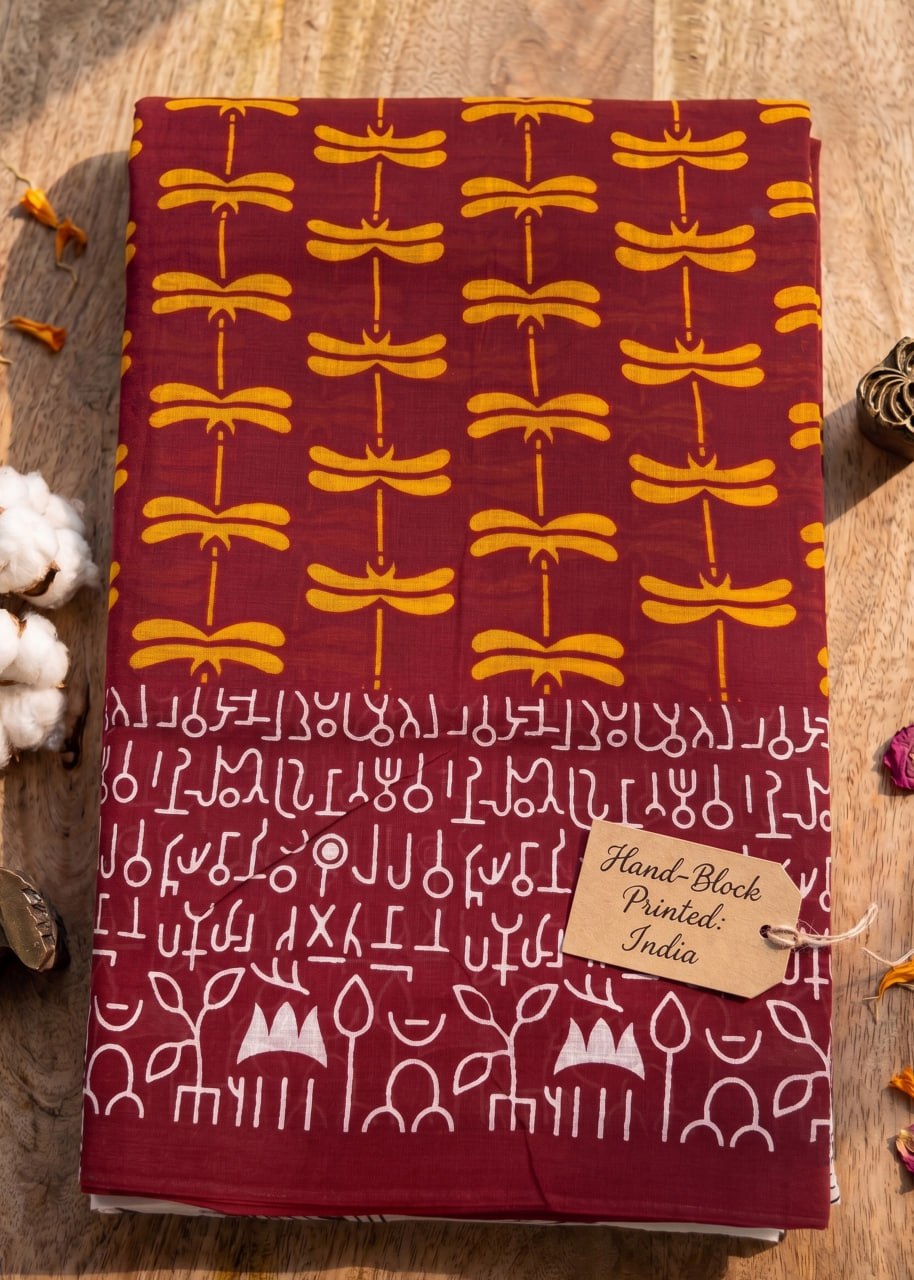 PURE SOFT COTTON JAIPUR BLOCK PRINT MAROON SAREE WITH BLOUSE