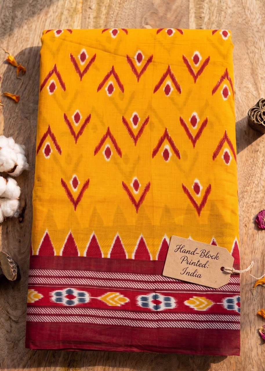 PURE SOFT COTTON JAIPUR BLOCK PRINT YELLOW SAREE WITH BLOUSE