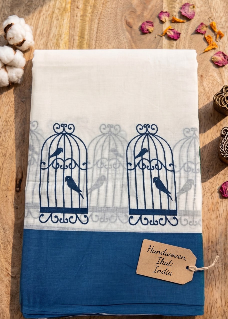 PURE SOFT COTTON JAIPUR BLOCK PRINT WHITE SAREE WITH BLOUSE