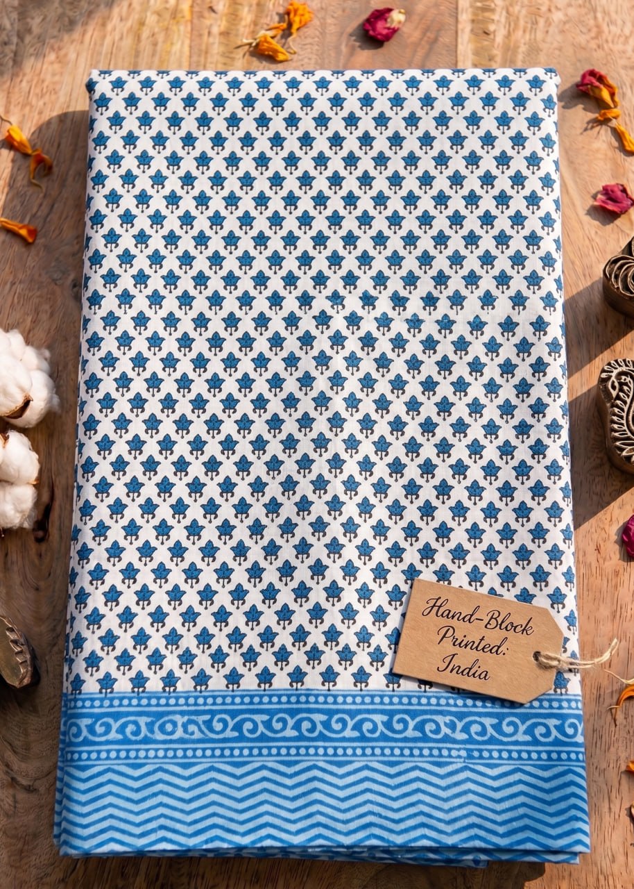 PURE SOFT COTTON JAIPUR BLOCK PRINT WHITE AND BLUE SAREE WITH BLOUSE