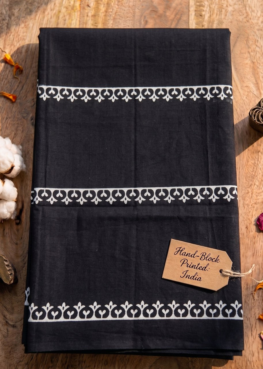 PURE SOFT COTTON JAIPUR BLOCK PRINT BLACK AND WHITE SAREE WITH BLOUSE