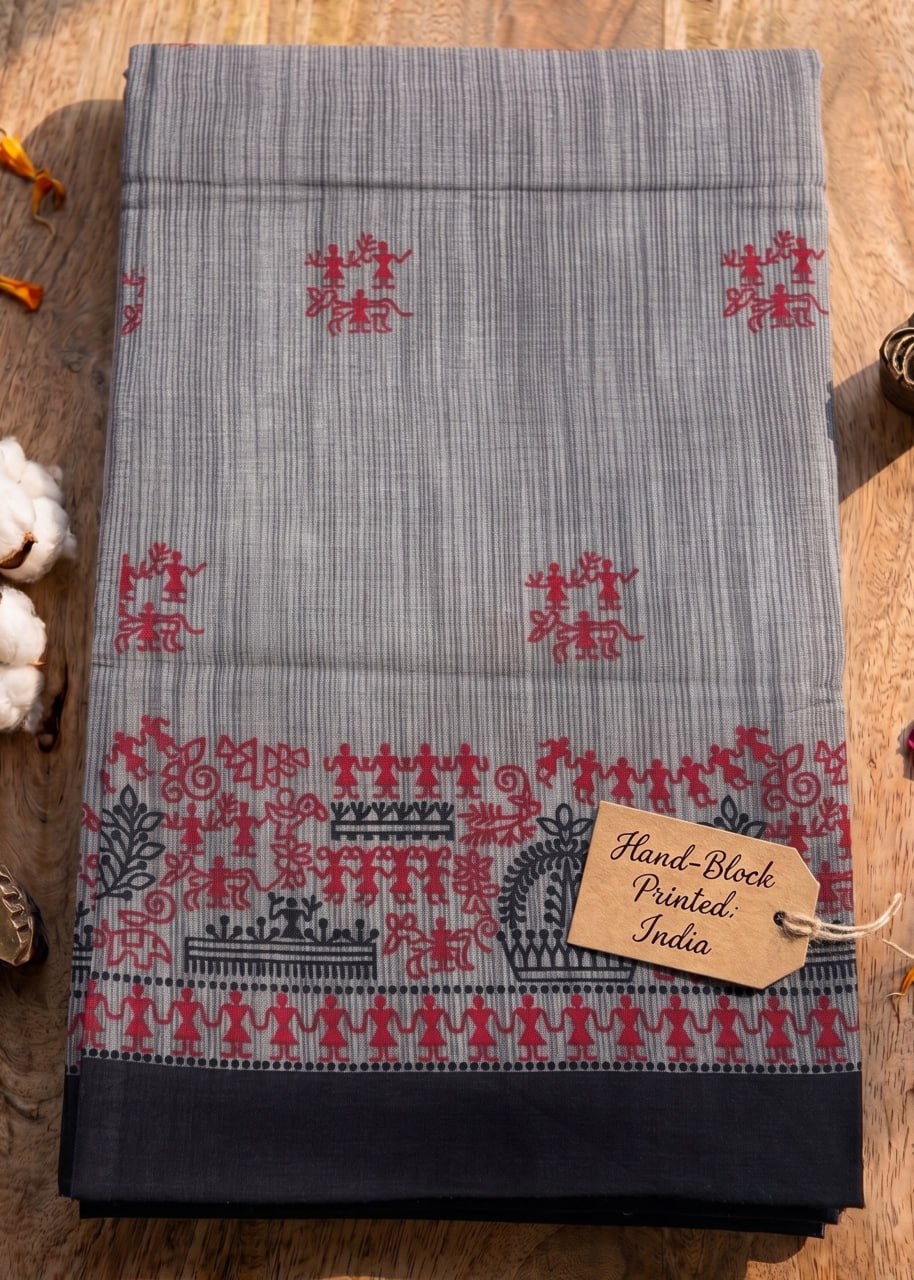 PURE SOFT COTTON JAIPUR BLOCK PRINT GREY SAREE WITH BLOUSE