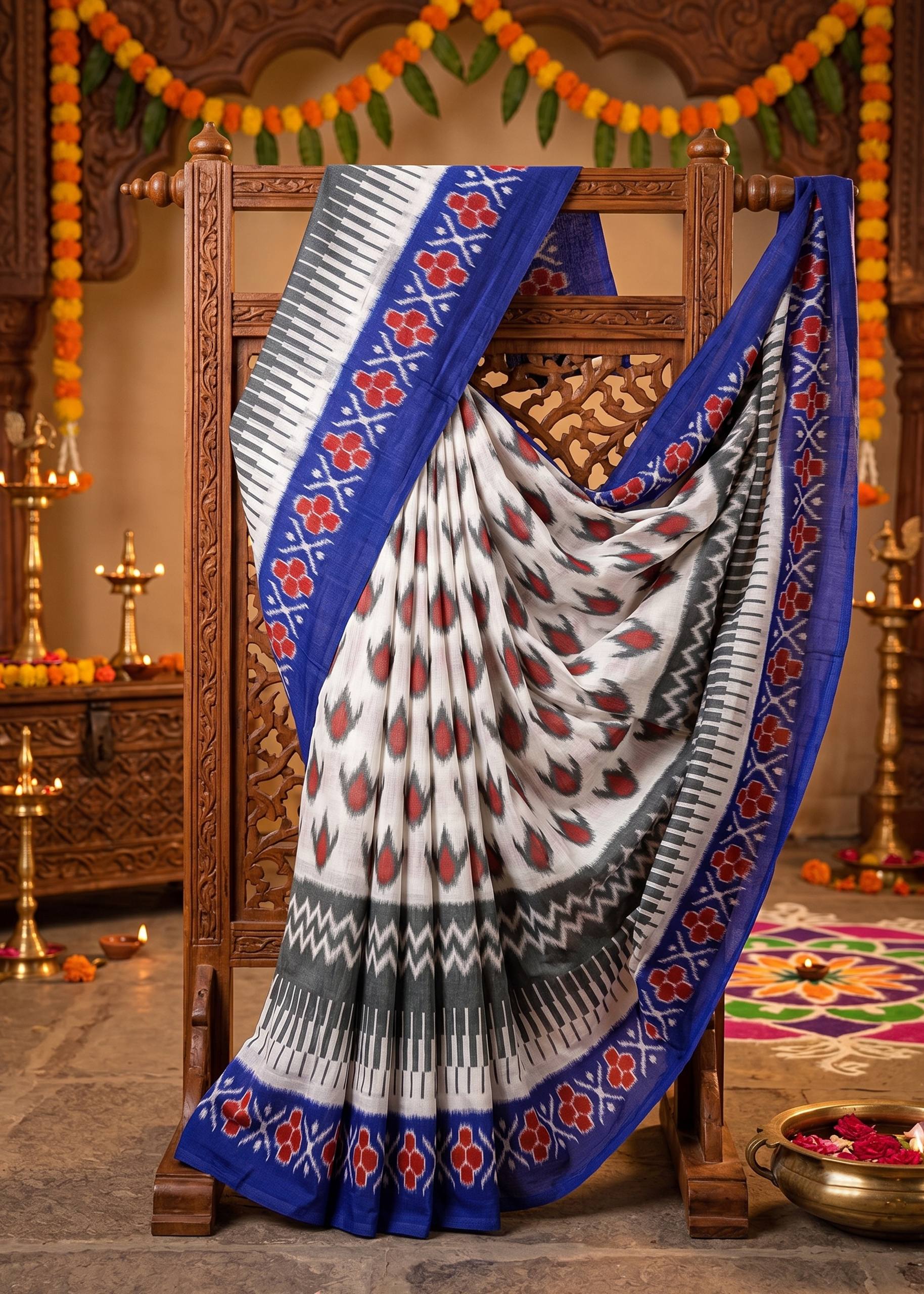 PURE SOFT COTTON JAIPUR BLOCK PRINT WHITE AND BLUE SAREE WITH BLOUSE