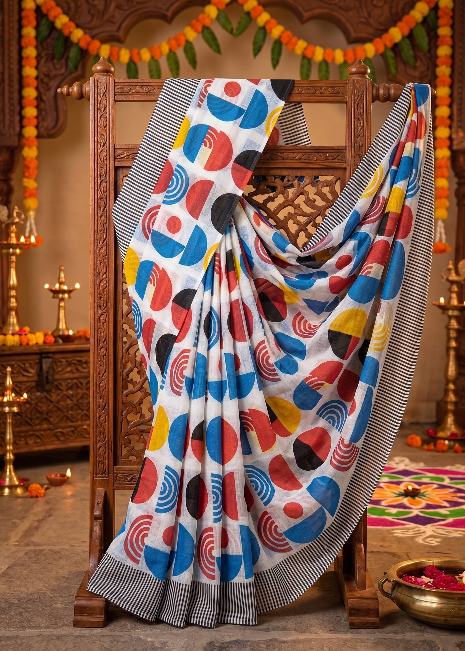 PURE SOFT COTTON JAIPUR BLOCK PRINT MULTICOLOR SAREE WITH BLOUSE