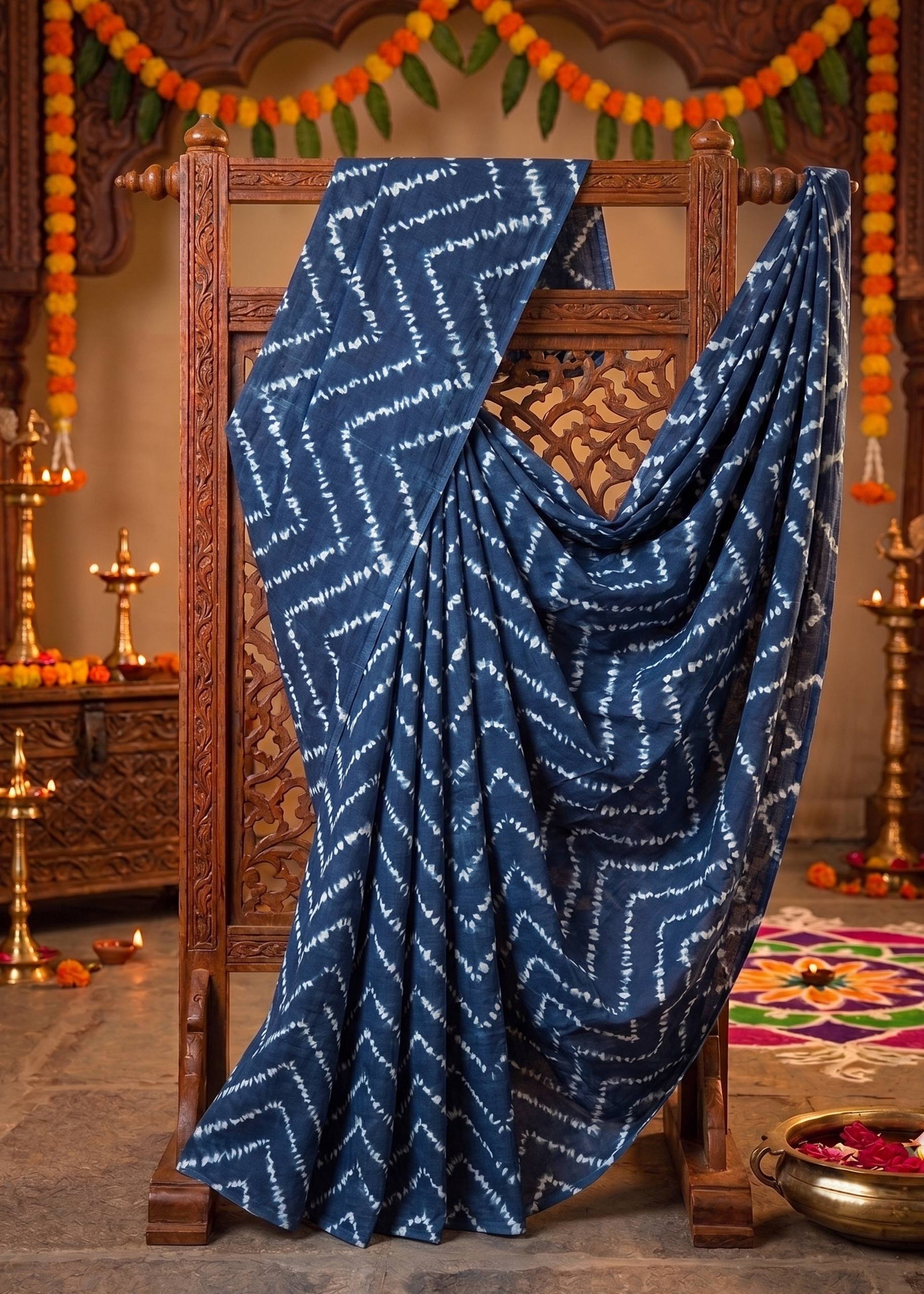 PURE SOFT COTTON JAIPUR BLOCK PRINT BLUE SAREE WITH BLOUSE