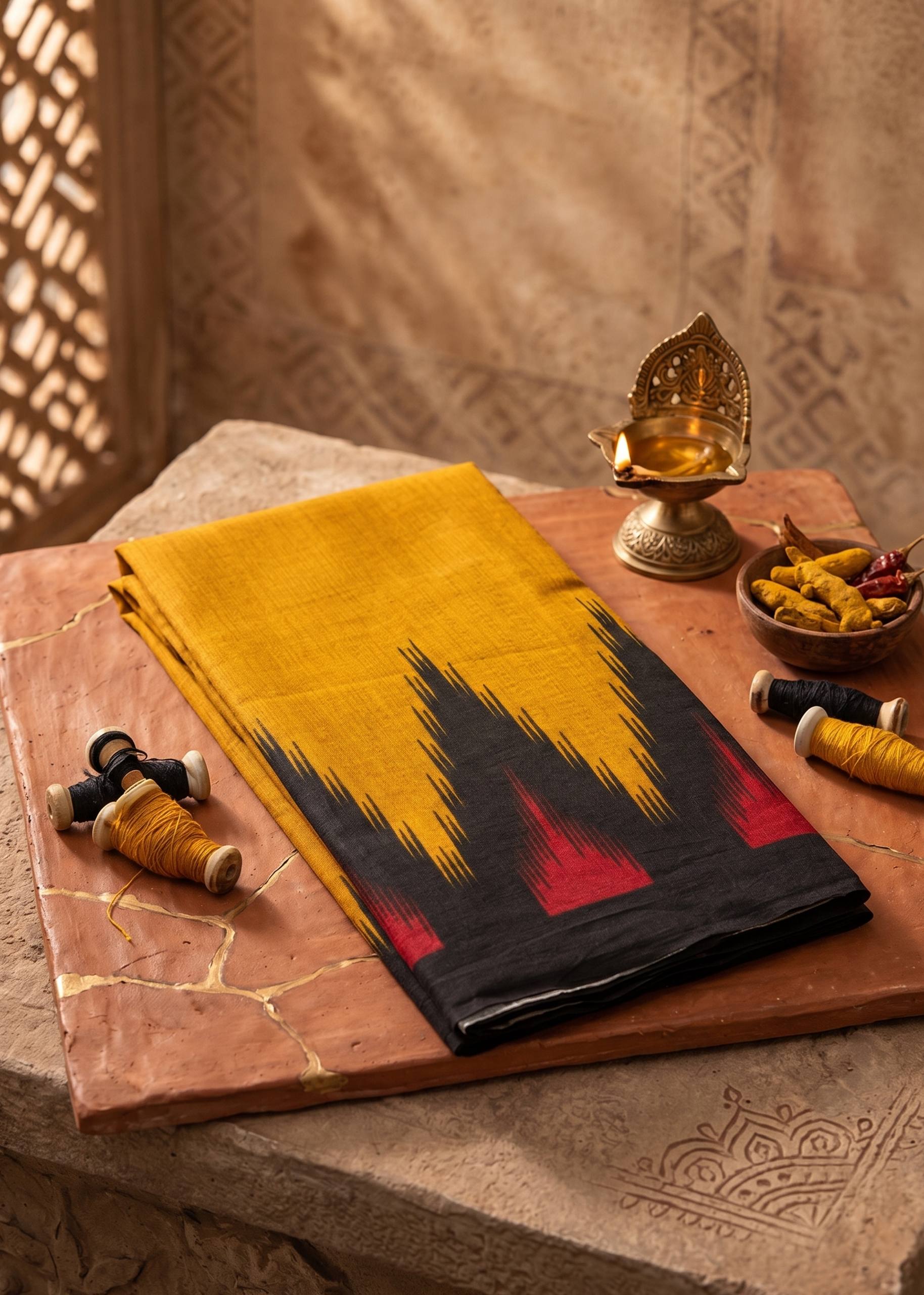 PURE SOFT COTTON JAIPUR BLOCK PRINT YELLOW AND BLACK SAREE WITH BLOUSE