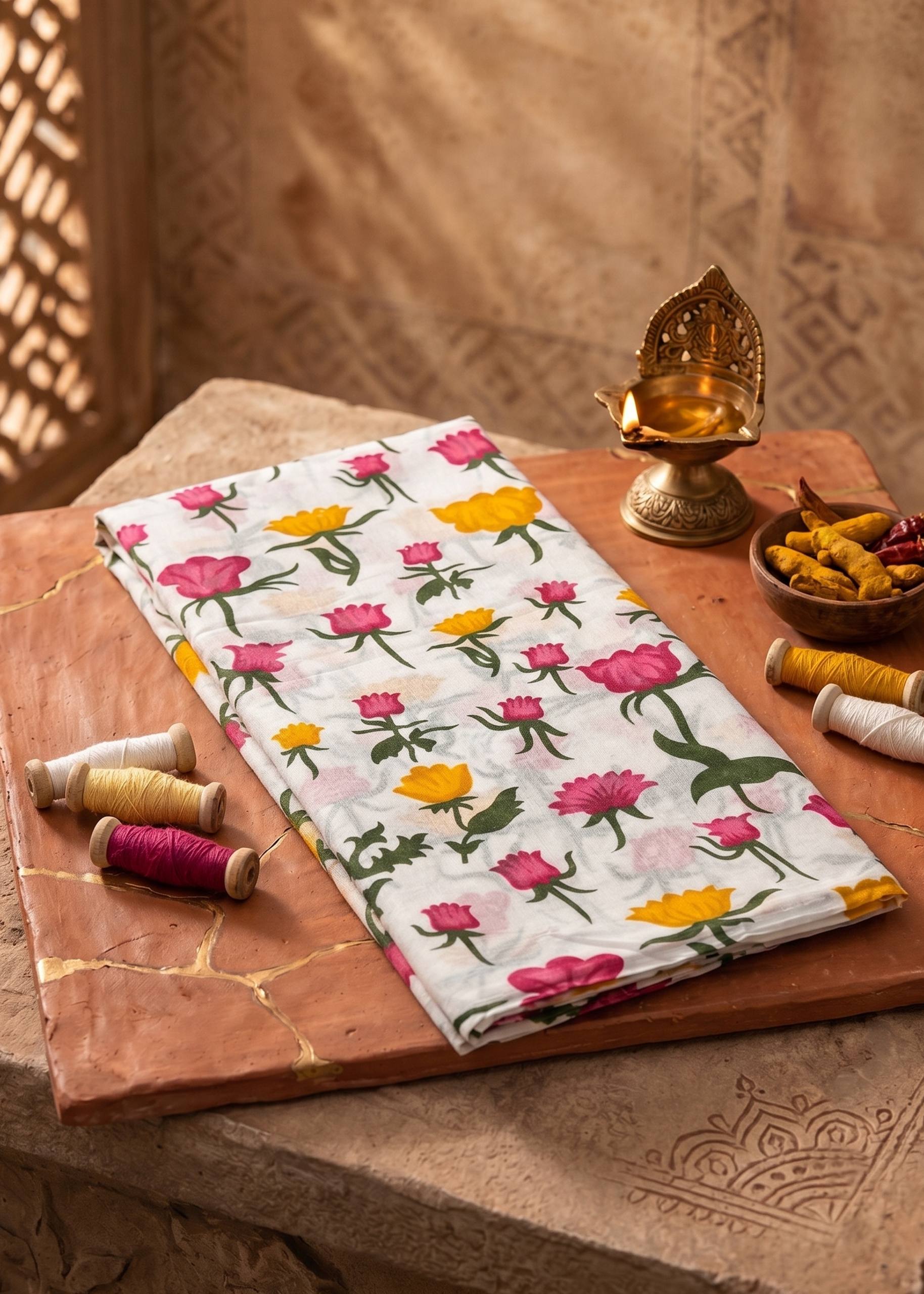 PURE SOFT COTTON JAIPUR BLOCK PRINT WHITE SAREE WITH BLOUSE