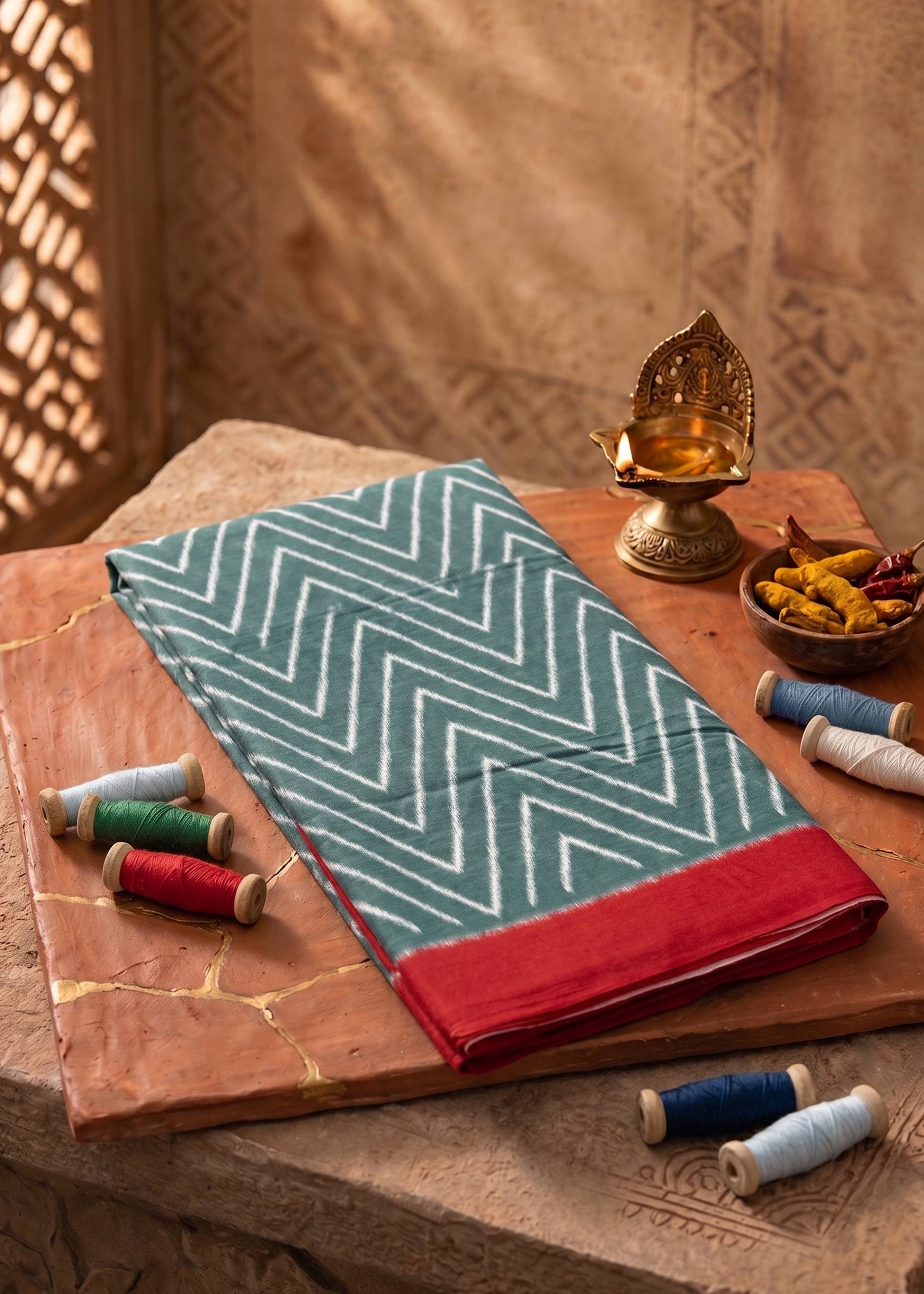 PURE SOFT COTTON JAIPUR BLOCK PRINT GREEN AND RED SAREE WITH BLOUSE