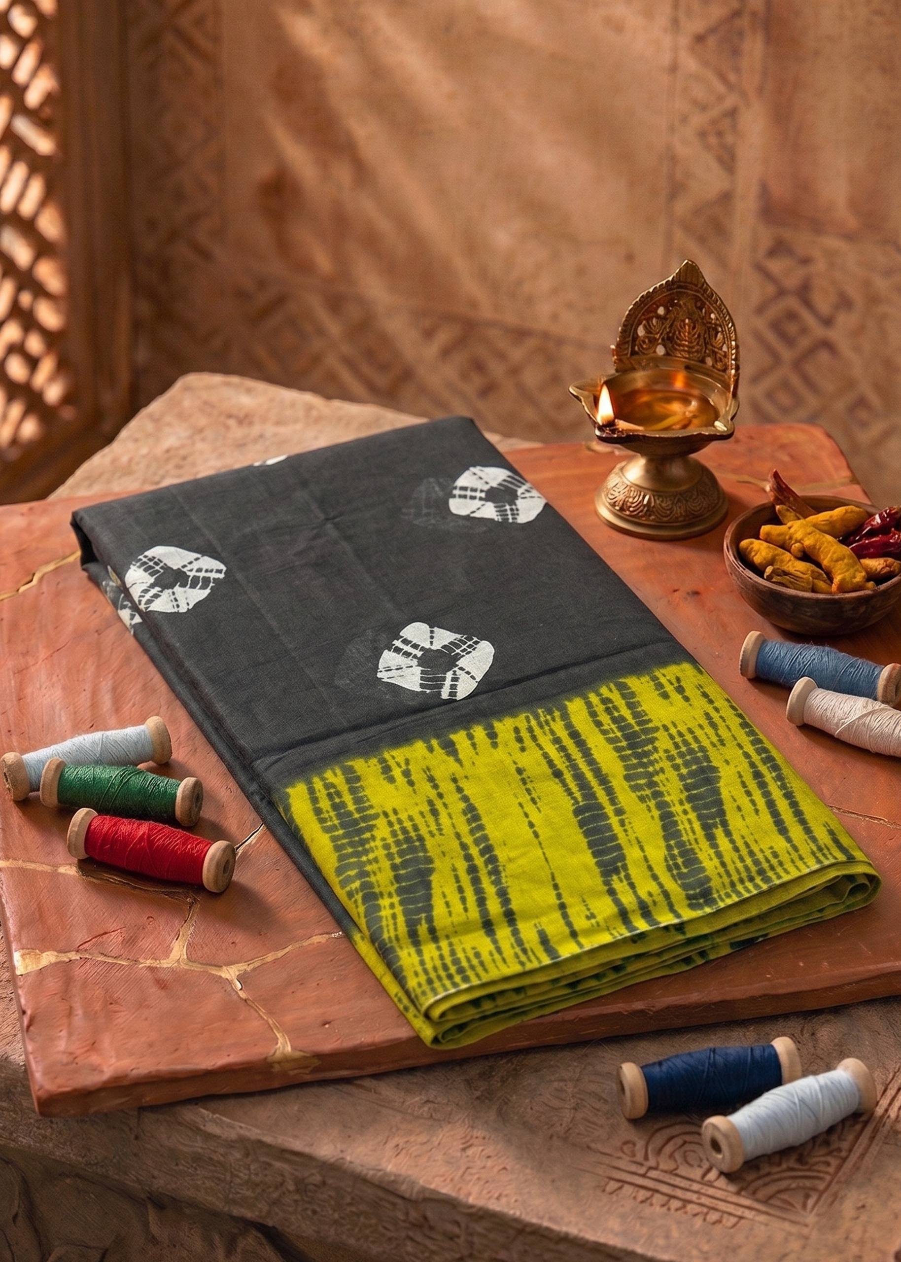 PURE SOFT COTTON JAIPUR BLOCK PRINT BLACK SAREE WITH BLOUSE