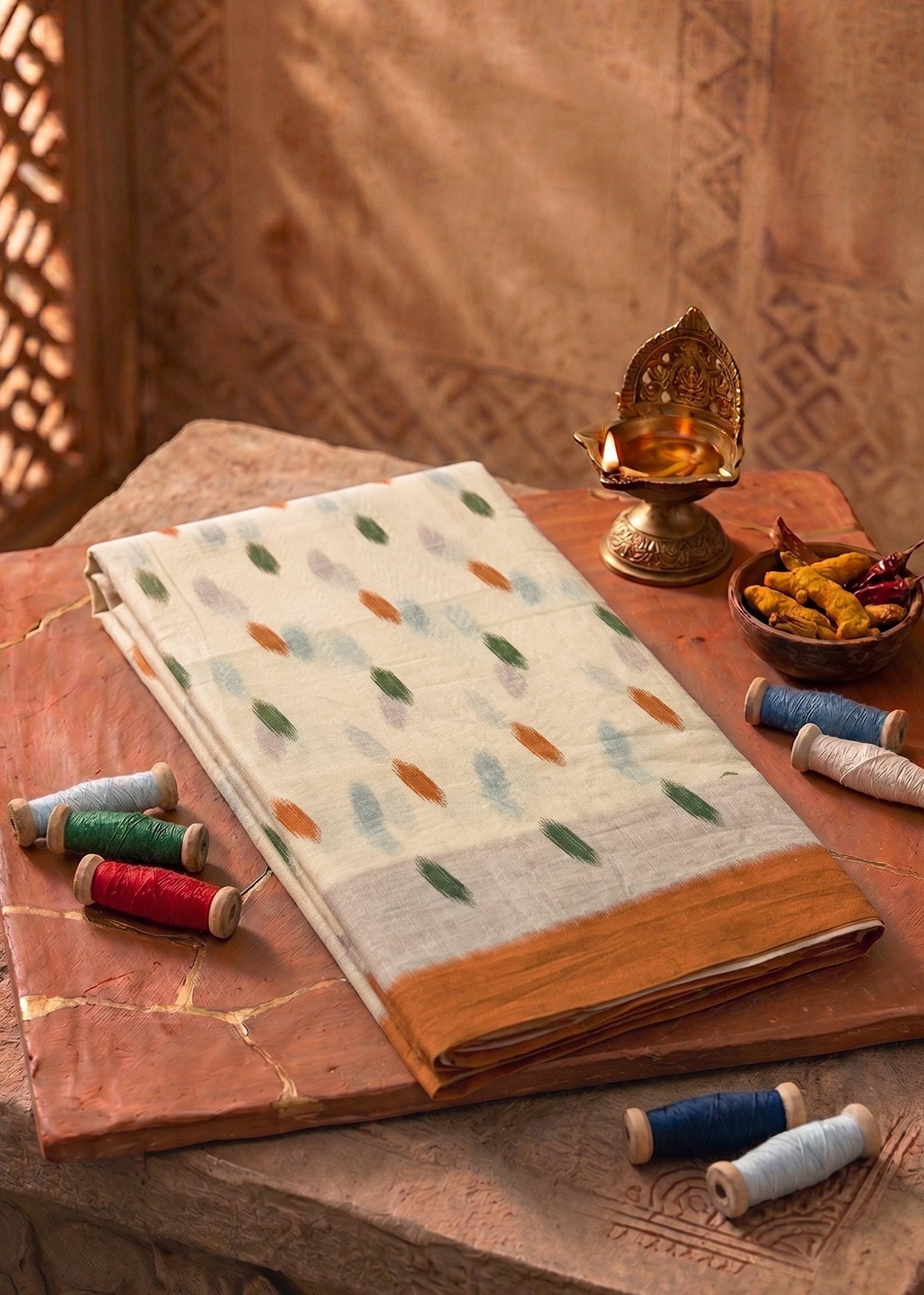 PURE SOFT COTTON JAIPUR BLOCK PRINT CREAME SAREE WITH BLOUSE