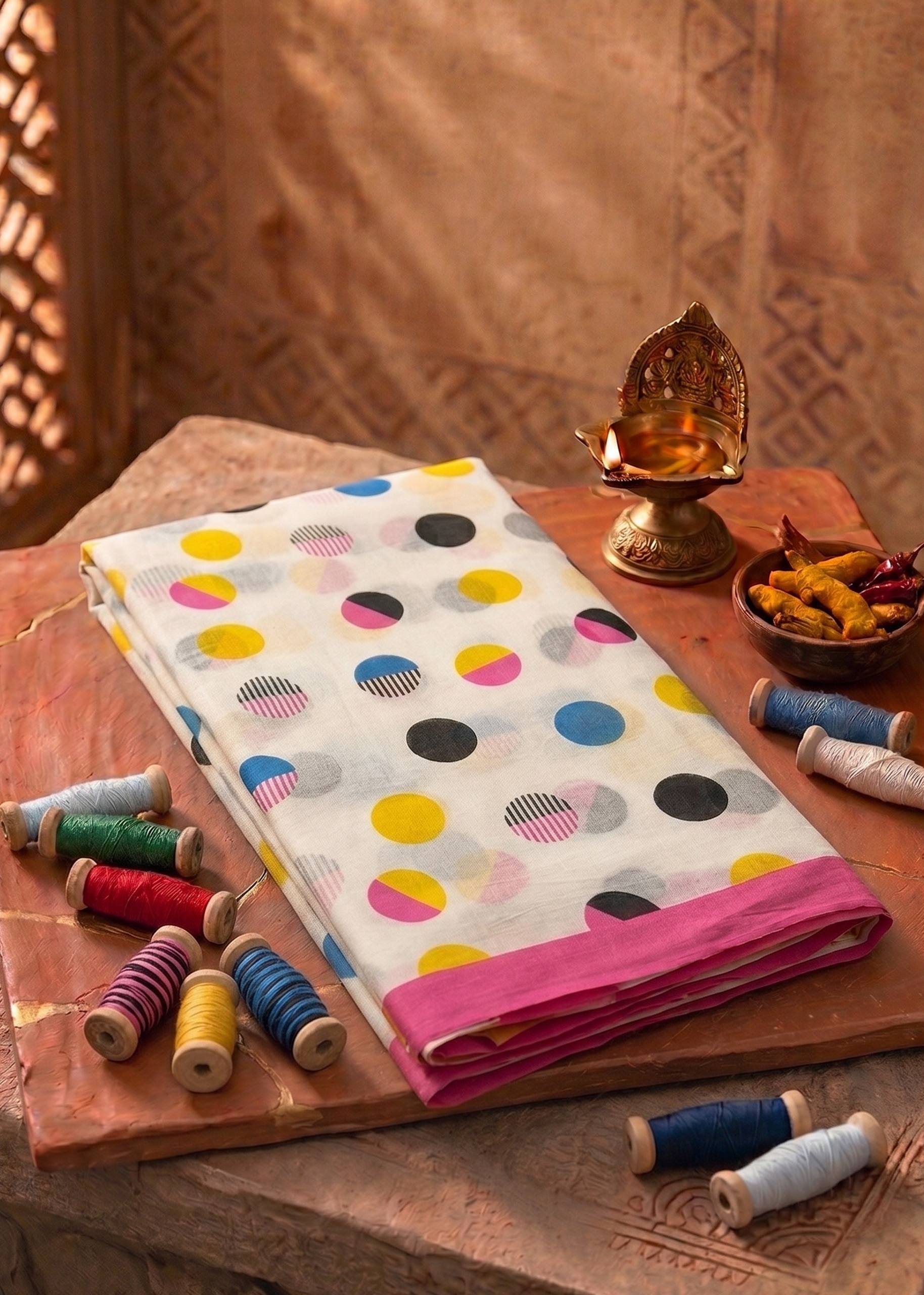 PURE SOFT COTTON JAIPUR BLOCK PRINT MULTICOLOR SAREE WITH BLOUSE