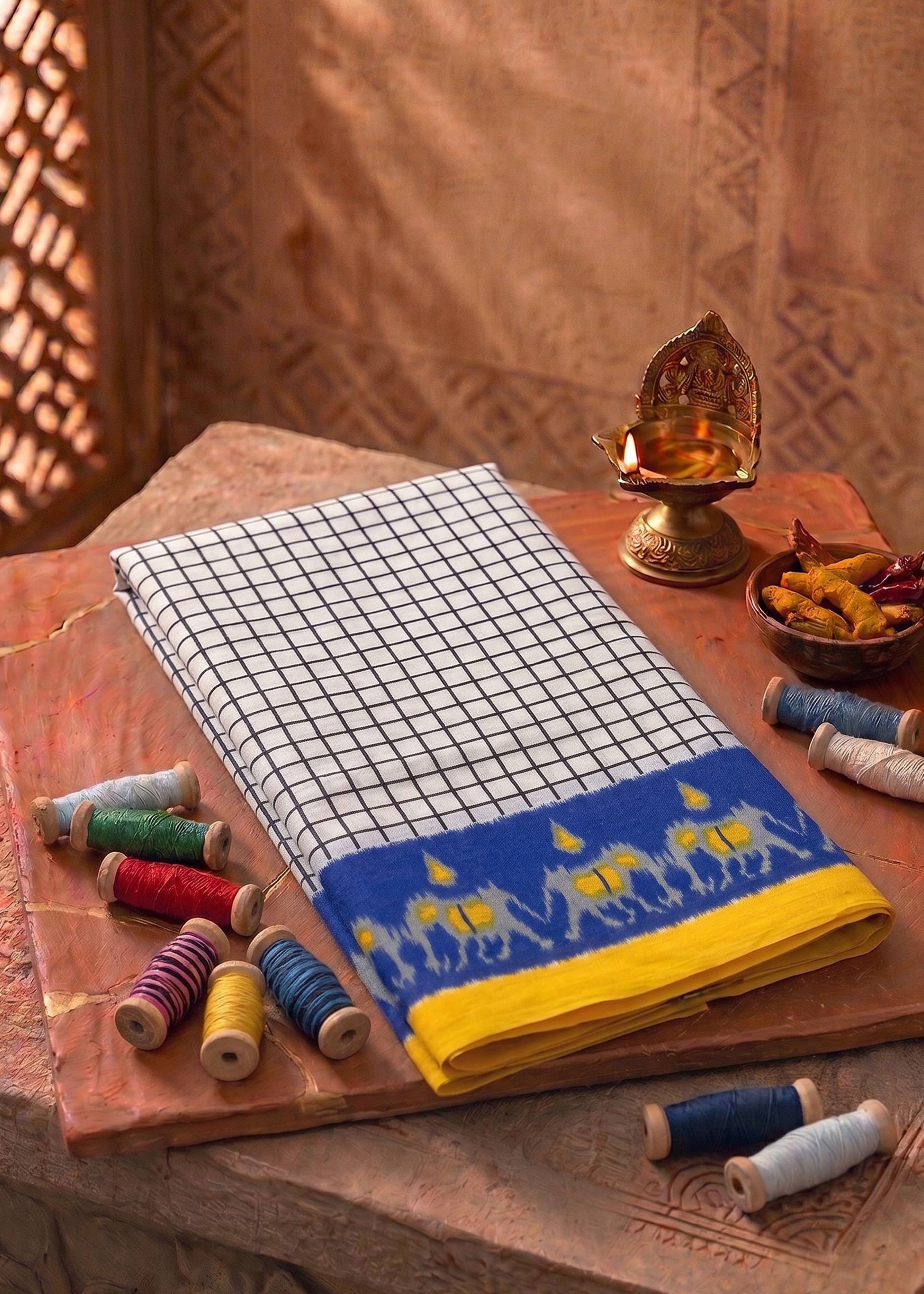 PURE SOFT COTTON JAIPUR BLOCK PRINT WHITE AND BLUE SAREE WITH BLOUSE