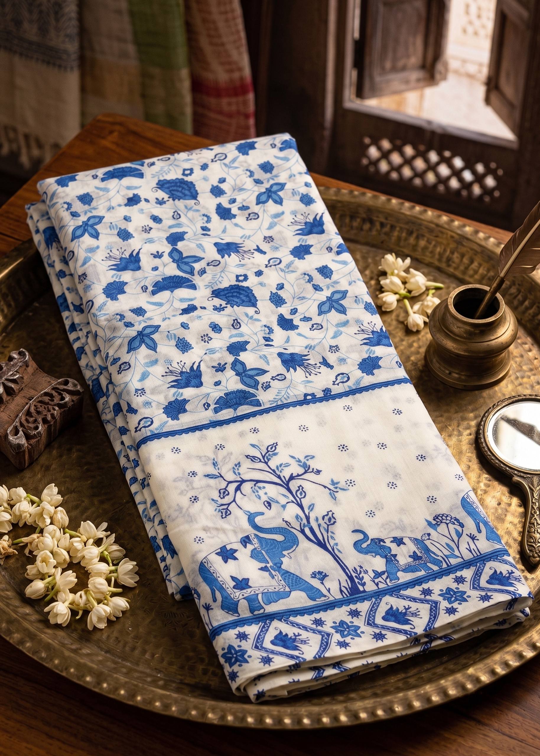 PURE SOFT COTTON JAIPUR BLOCK PRINT WHITE AND BLUE SAREE WITH BLOUSE