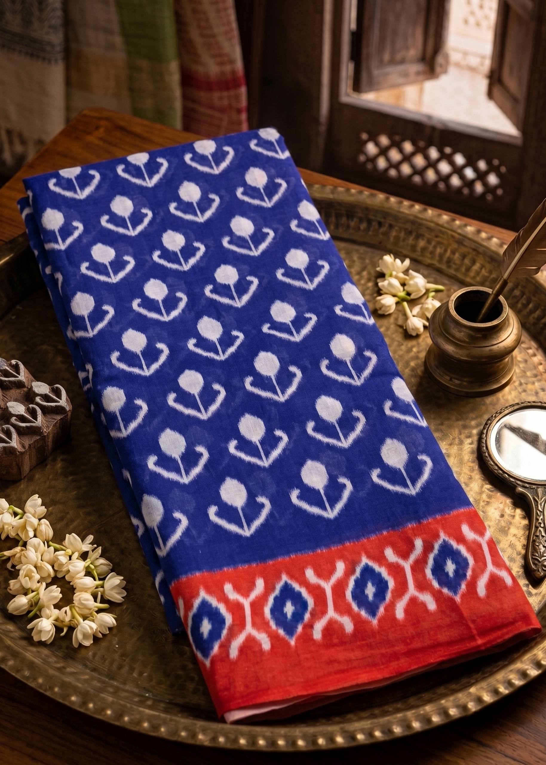 PURE SOFT COTTON JAIPUR BLOCK PRINT BLUE AND RED SAREE WITH BLOUSE