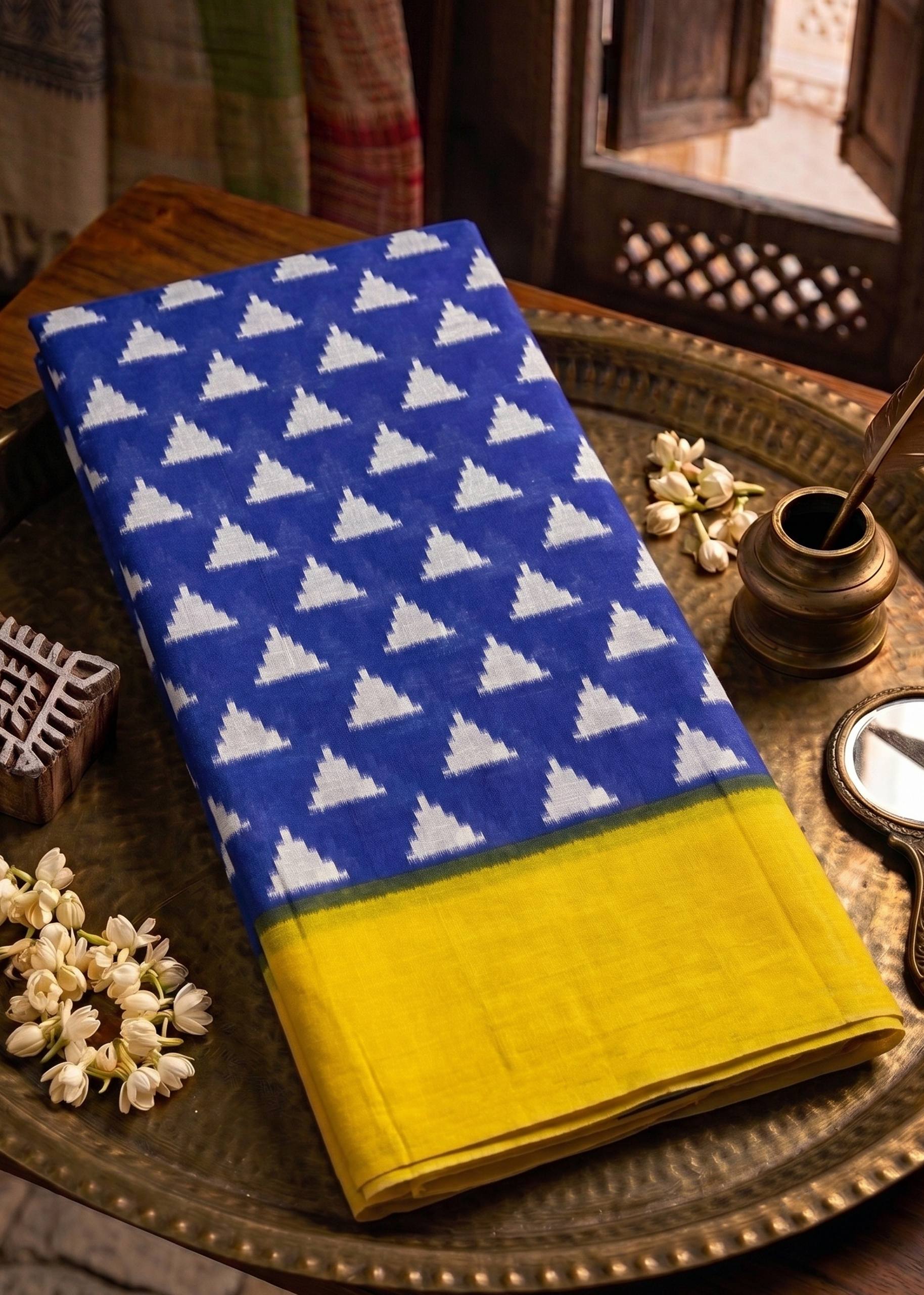 PURE SOFT COTTON JAIPUR BLOCK PRINT BLUE AND YELLOW SAREE WITH BLOUSE