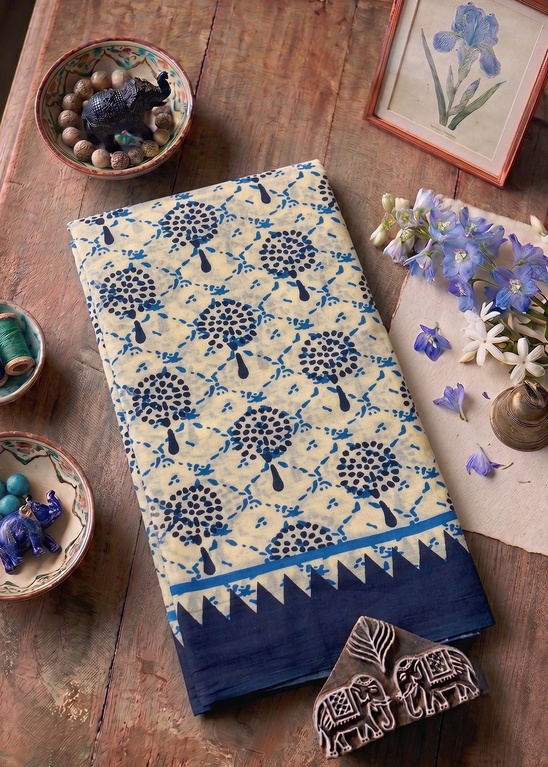 PURE SOFT COTTON JAIPUR BLOCK PRINT BEAGE AND BLUE SAREE WITH BLOUSE
