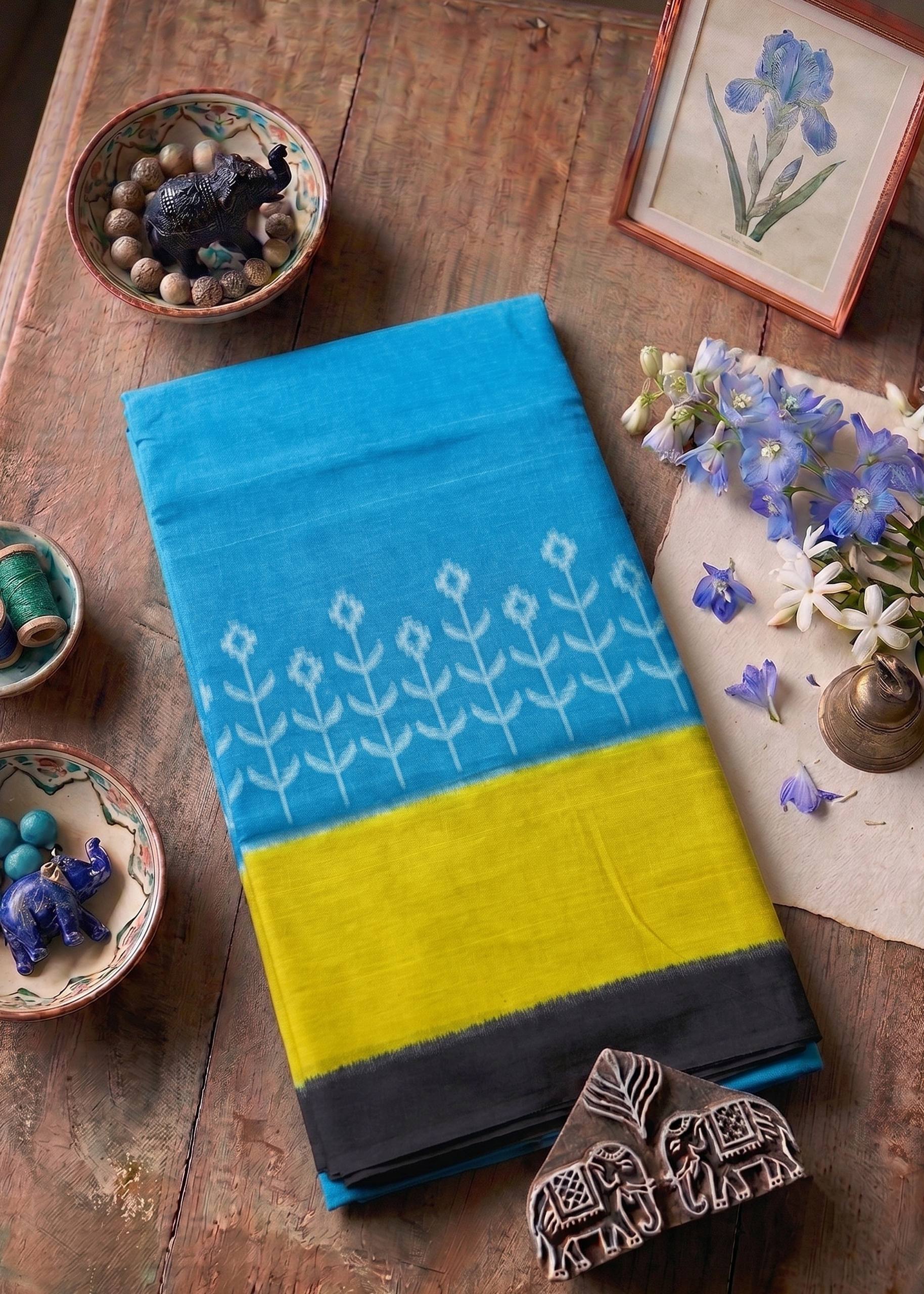 PURE SOFT COTTON JAIPUR BLOCK PRINT BLUE SAREE WITH BLOUSE
