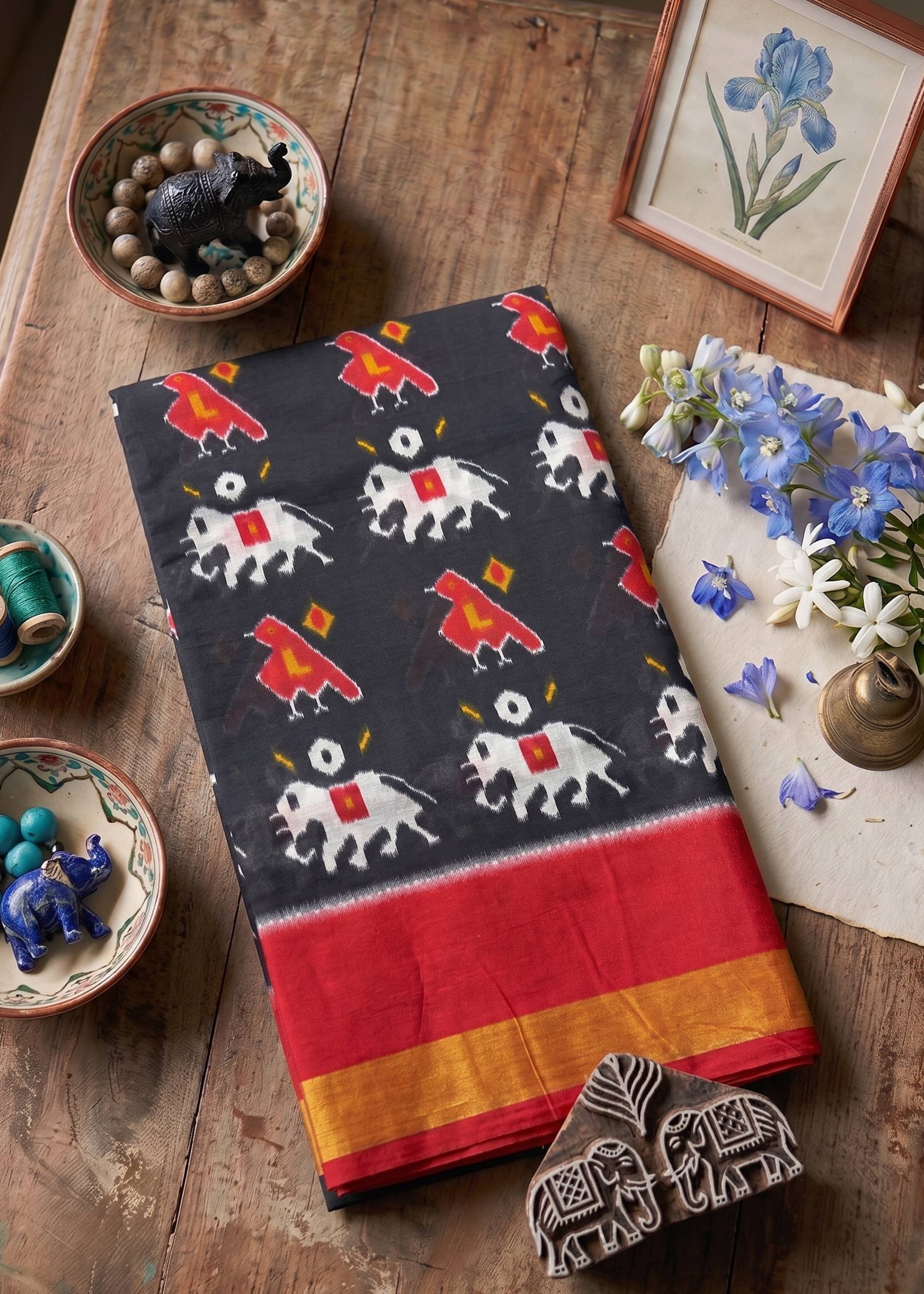 PURE SOFT COTTON JAIPUR BLOCK PRINT BLACK AND RED SAREE WITH BLOUSE