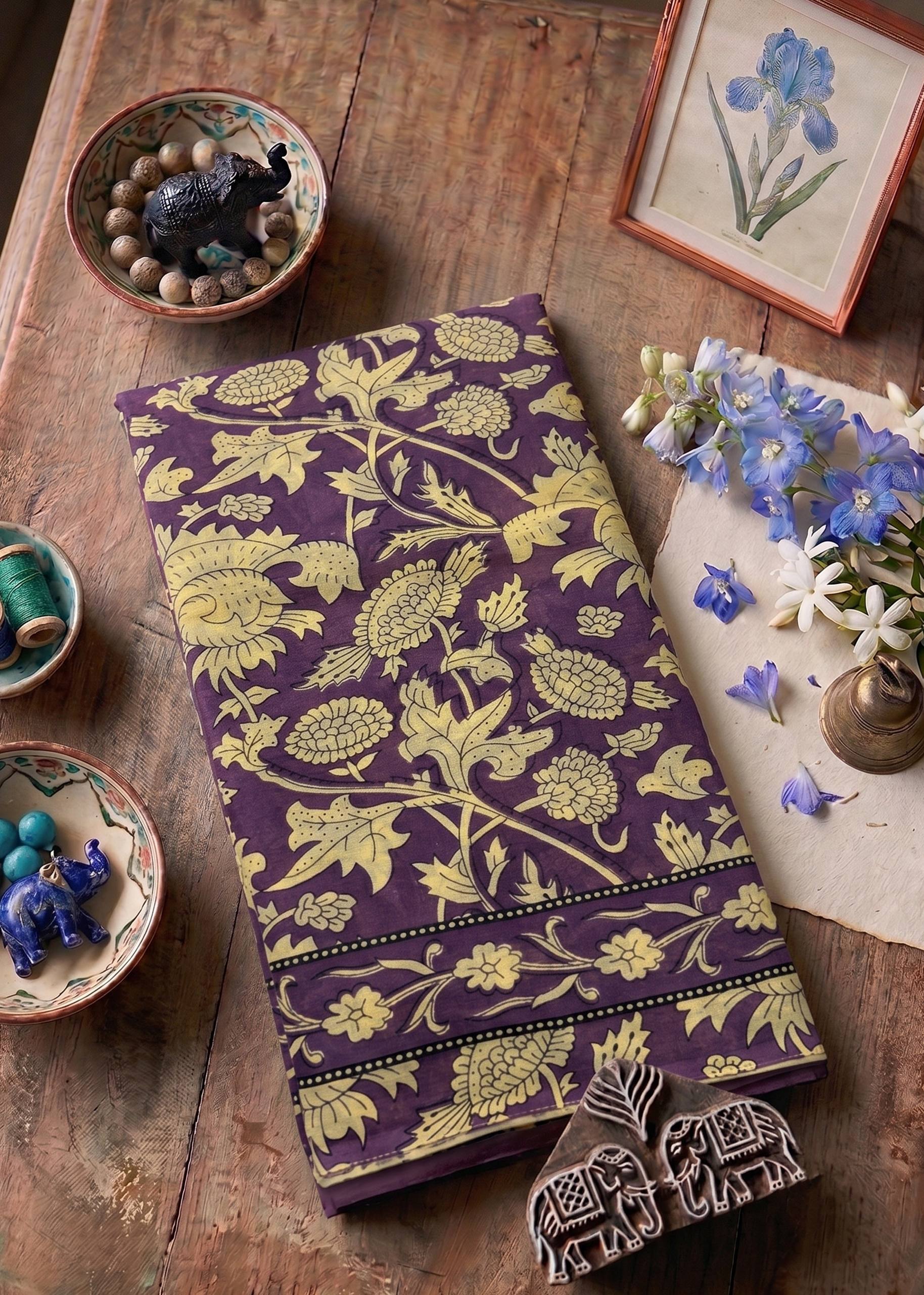 PURE SOFT COTTON JAIPUR BLOCK PRINT PURPLE SAREE WITH BLOUSE