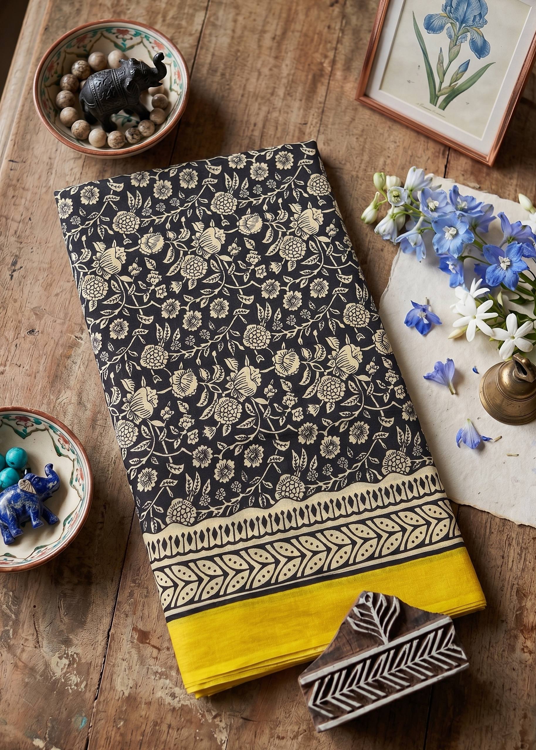 PURE SOFT COTTON JAIPUR BLOCK PRINT BLACK SAREE WITH BLOUSE
