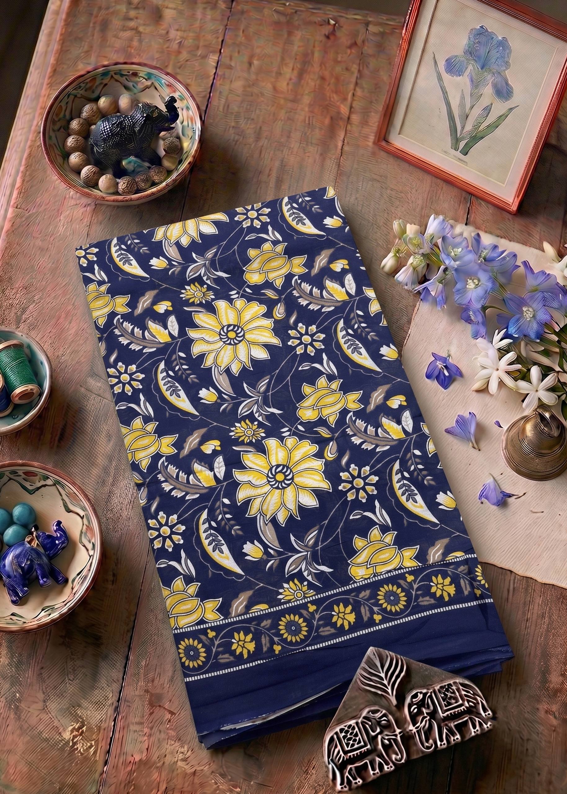 PURE SOFT COTTON JAIPUR BLOCK PRINT BLUE SAREE WITH BLOUSE