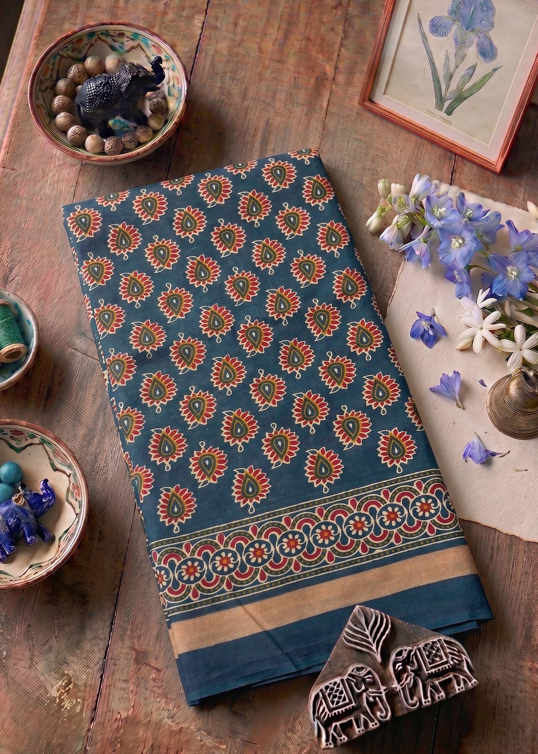PURE SOFT COTTON JAIPUR BLOCK PRINT BLUE GREY SAREE WITH BLOUSE