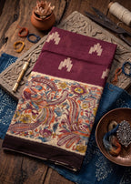 PREMIUM SOFT IKAT STYLE COTTON KALAMKARI MAROON SAREE WITH BLOUSE