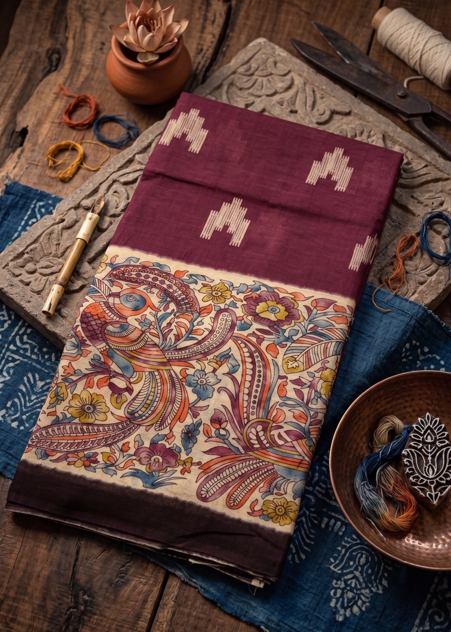 PREMIUM SOFT IKAT STYLE COTTON KALAMKARI MAROON SAREE WITH BLOUSE