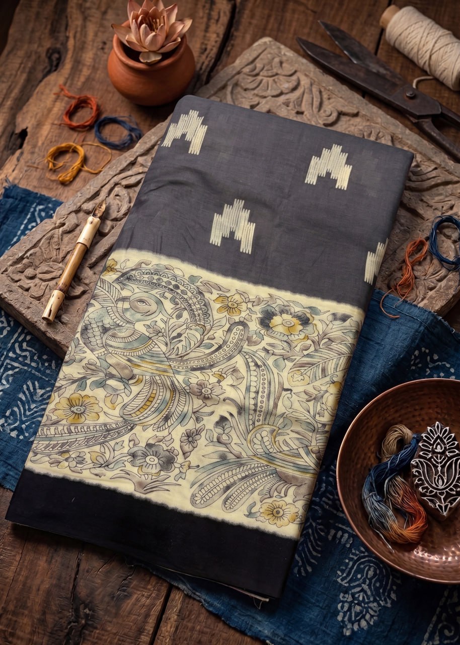 PREMIUM SOFT IKAT STYLE COTTON KALAMKARI GREY SAREE WITH BLOUSE