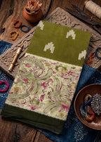 PREMIUM SOFT IKAT STYLE COTTON KALAMKARI GREEN SAREE WITH BLOUSE