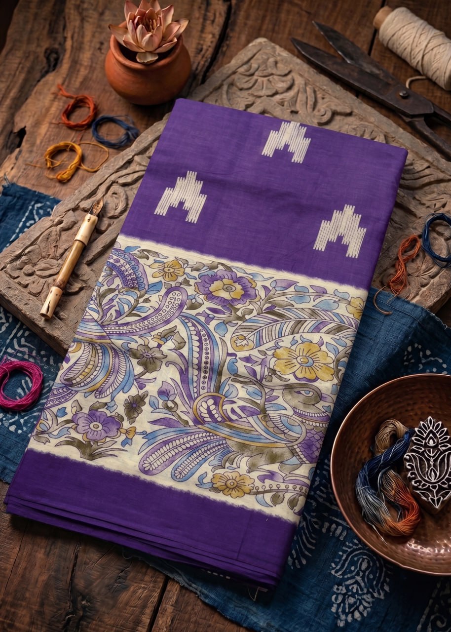 PREMIUM SOFT IKAT STYLE COTTON KALAMKARI PURPLE SAREE WITH BLOUSE