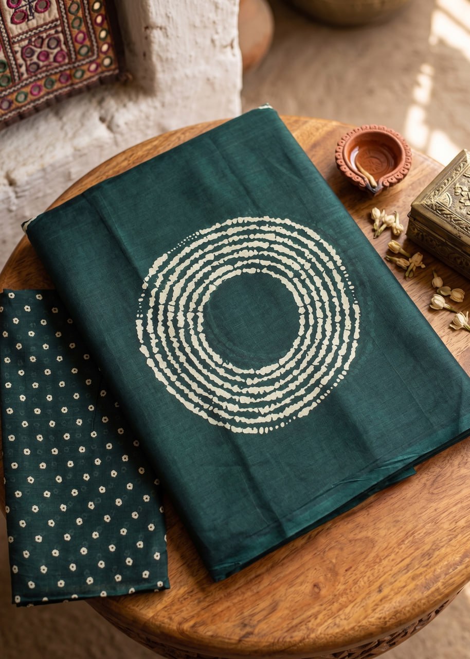 PURE MULMUL COTTON AJRAKH BANDHEJ HAND BLOCK PRINT ULTRA SOFT & LIGHTWEIGHT GREEN SAREE WITH BLOUSE