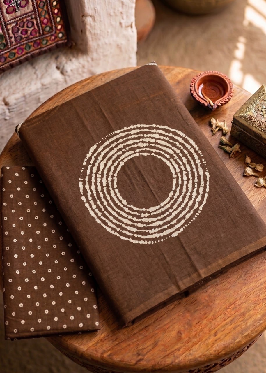 PURE MULMUL COTTON AJRAKH BANDHEJ HAND BLOCK PRINT ULTRA SOFT & LIGHTWEIGHT BROWN SAREE WITH BLOUSE