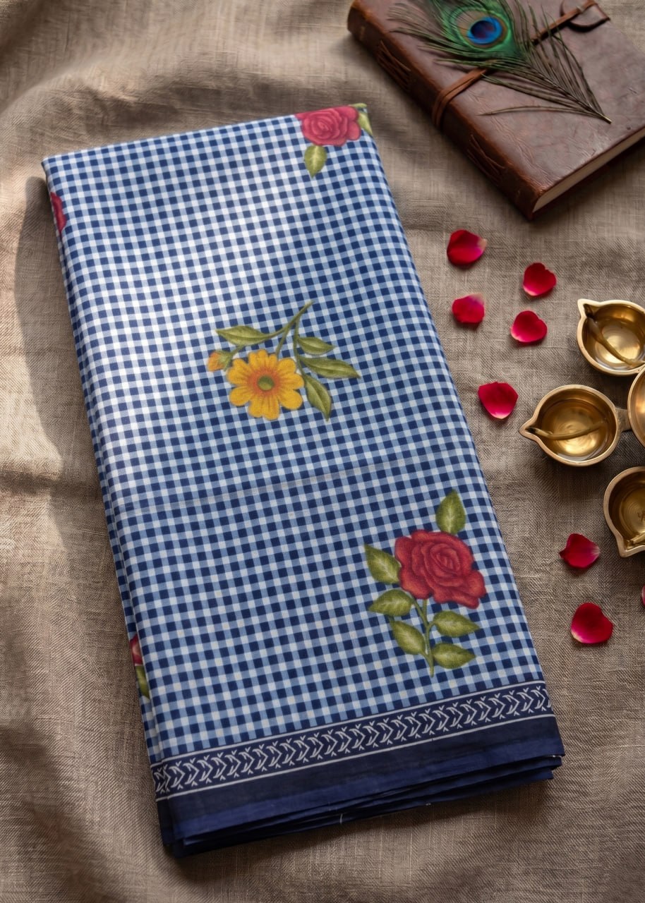 MULMUL PURE SOFT COTTON FLOWER PRINT NEVY BLUE SAREE WITH BLOUSE
