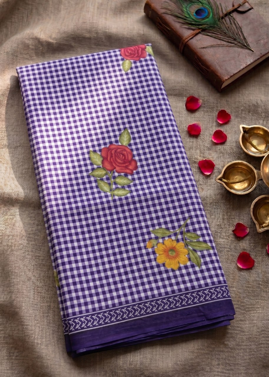 MULMUL PURE SOFT COTTON FLOWER PRINT PURPLE SAREE WITH BLOUSE