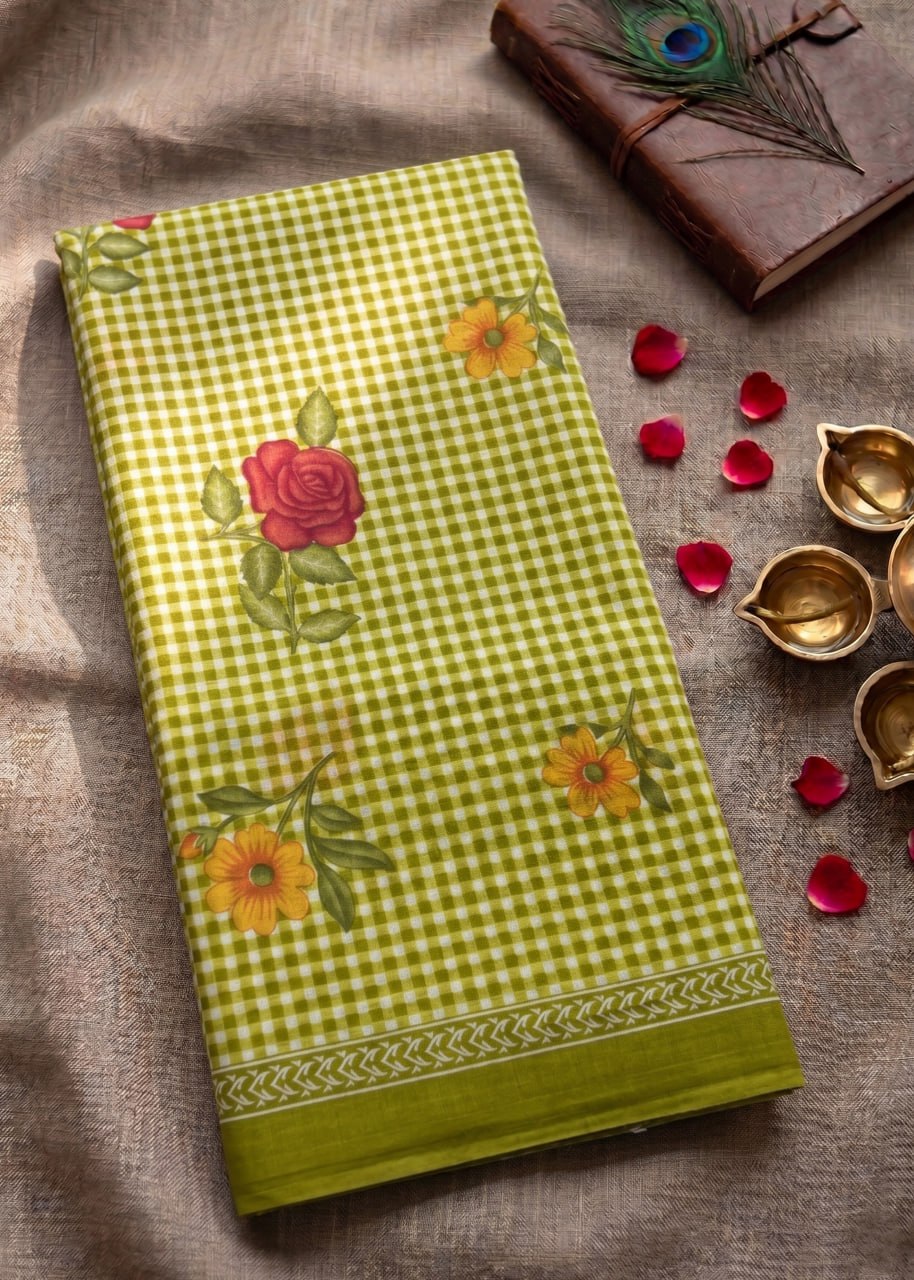 MULMUL PURE SOFT COTTON FLOWER PRINT MEHANDI GREEN SAREE WITH BLOUSE