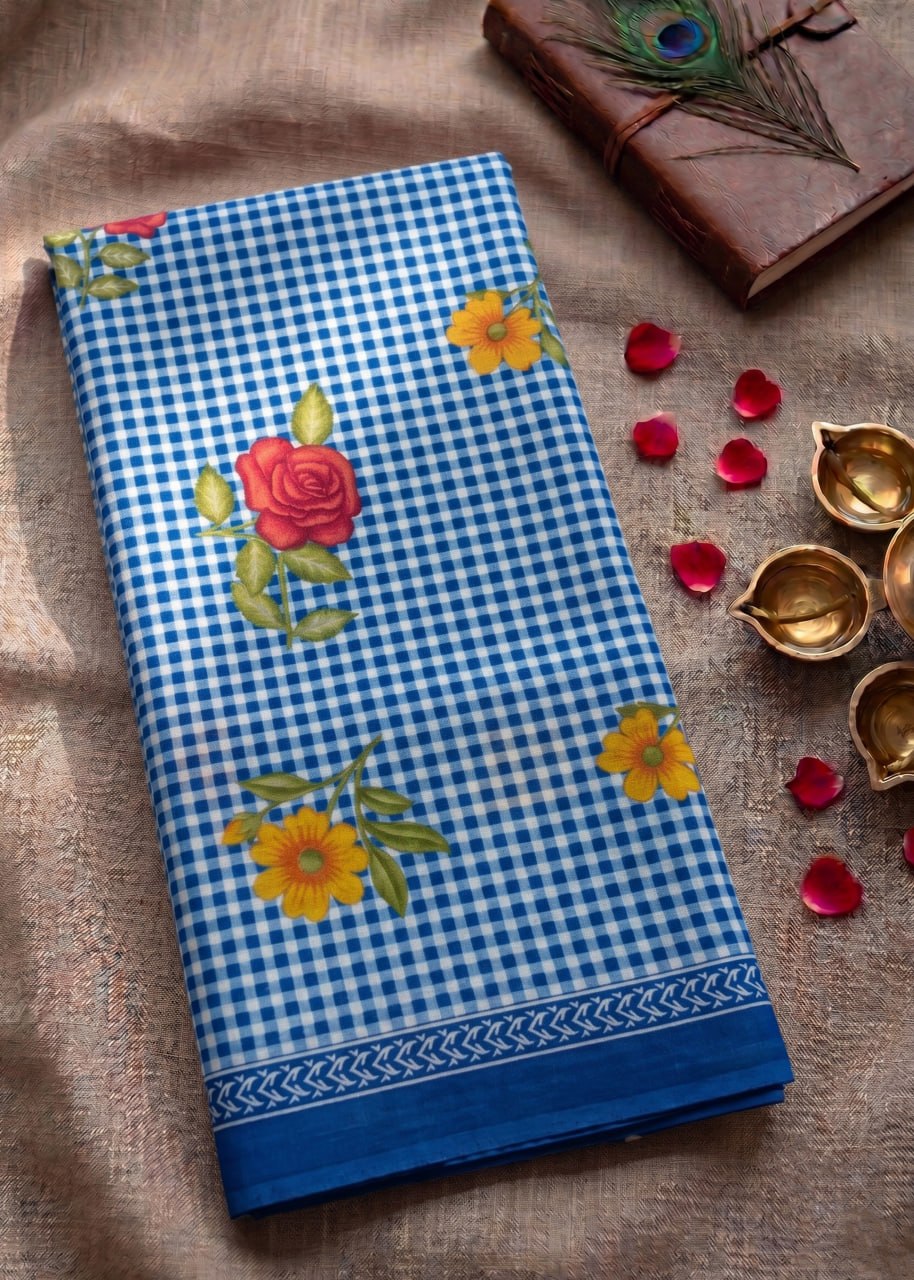 MULMUL PURE SOFT COTTON FLOWER PRINT BLUE SAREE WITH BLOUSE