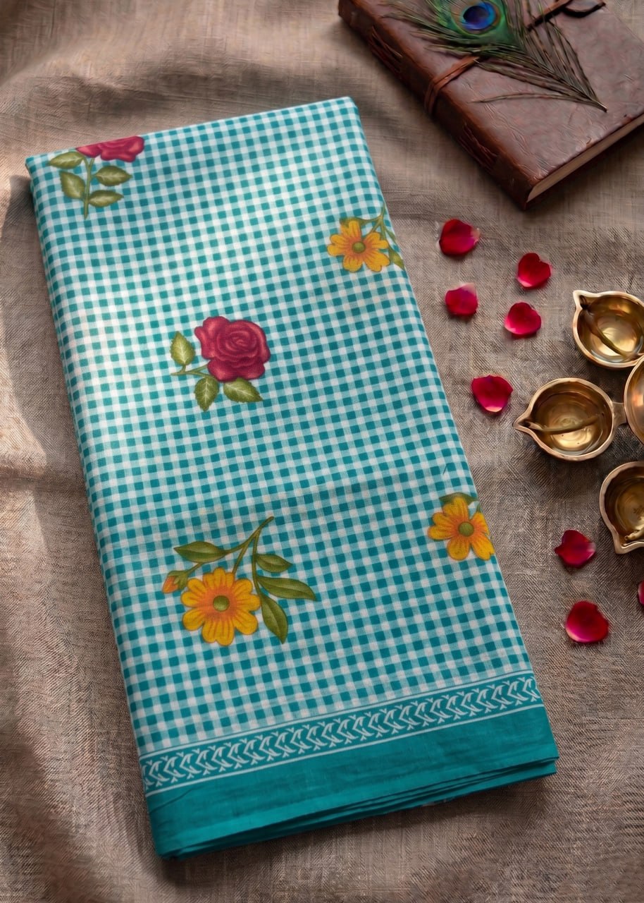 MULMUL PURE SOFT COTTON FLOWER PRINT CYAN COLOR SAREE WITH BLOUSE
