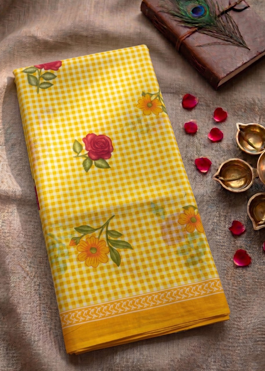 MULMUL PURE SOFT COTTON FLOWER PRINT YELLOW SAREE WITH BLOUSE