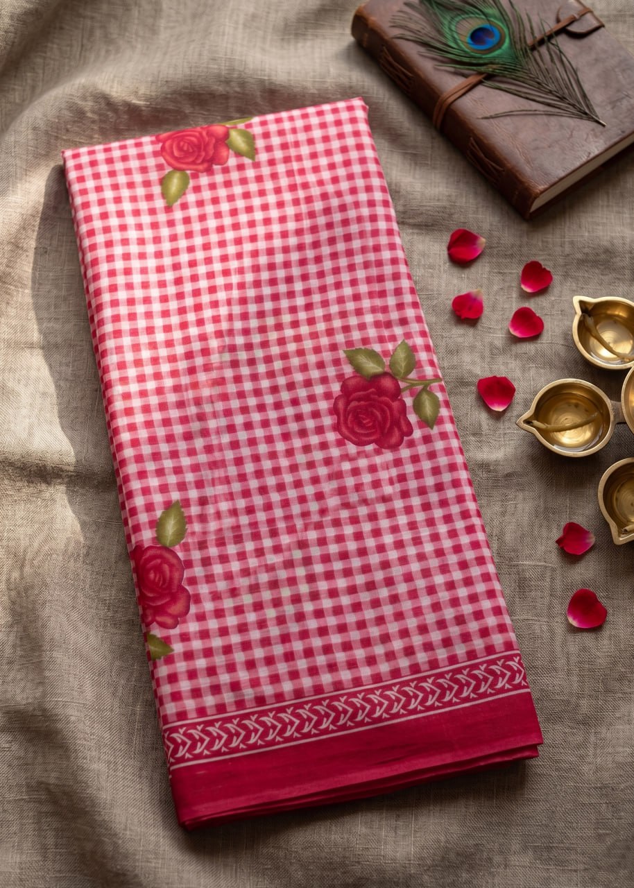 MULMUL PURE SOFT COTTON FLOWER PRINT PINK SAREE WITH BLOUSE