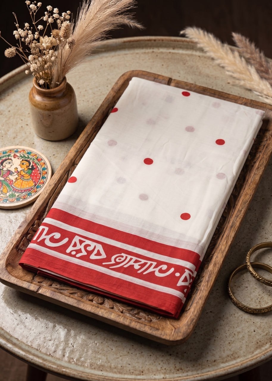 PRIMUM BAGRU BLOCK PRINT COTTON  MULMUL WHITE AND RED SAREE WITH BLOUSE