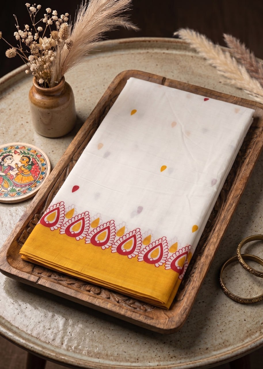PRIMUM BAGRU BLOCK PRINT COTTON  MULMUL WHITE AND YELLOW SAREE WITH BLOUSE