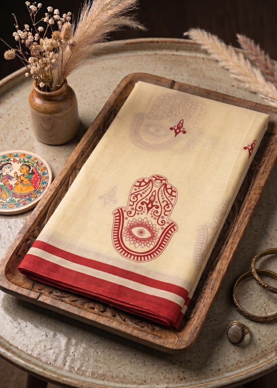 PRIMUM BAGRU BLOCK PRINT COTTON  MULMUL BEAGE SAREE WITH BLOUSE
