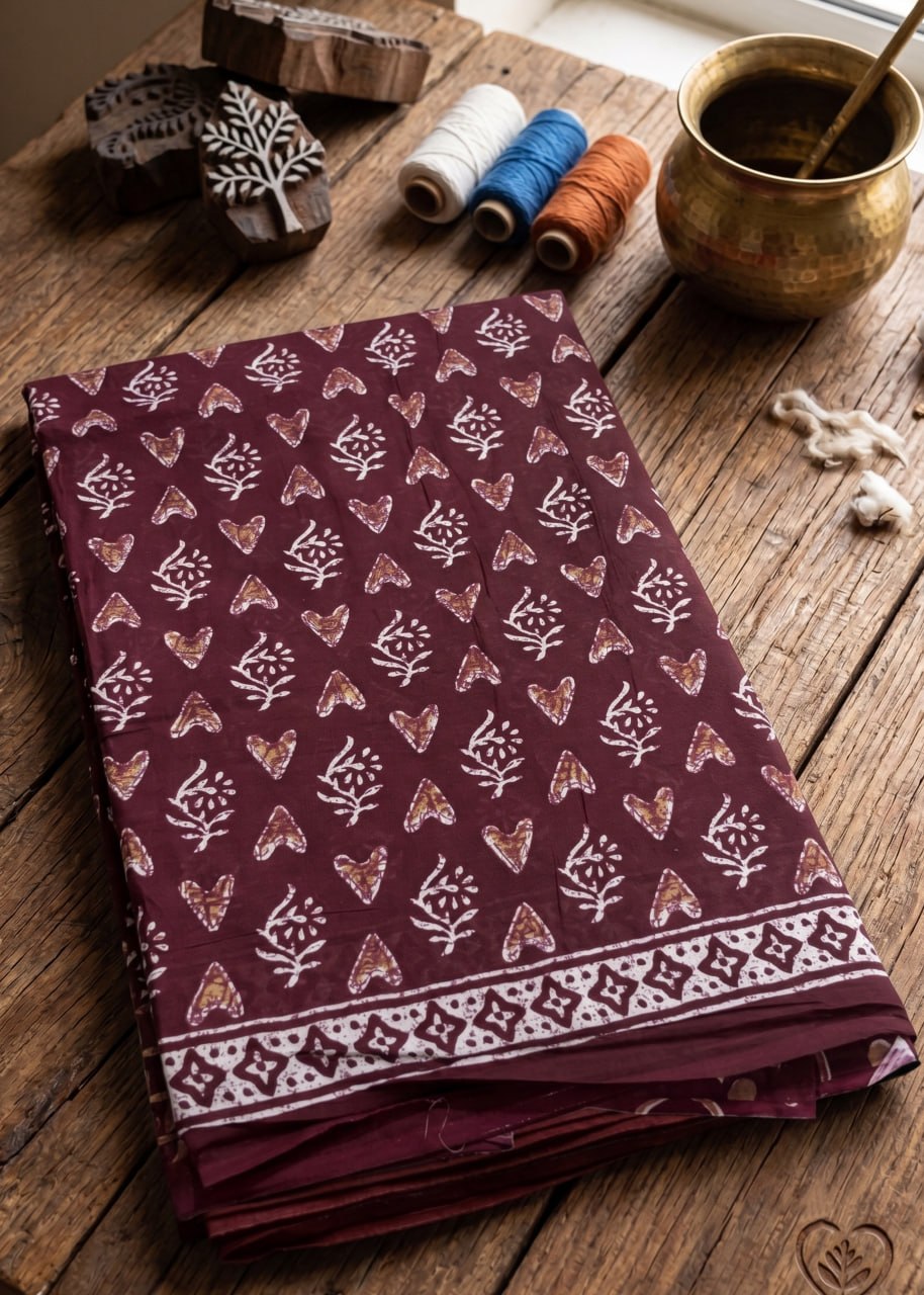PREMIUM PURE COTTON  SOFT & BREATHABLE BLOCK PRINT MAROON SAREE WITH BLOUSE