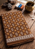 PREMIUM PURE COTTON  SOFT & BREATHABLE BLOCK PRINT BROWN SAREE WITH BLOUSE