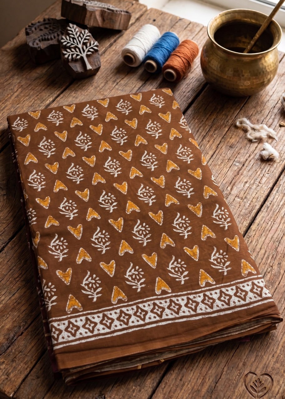 PREMIUM PURE COTTON  SOFT & BREATHABLE BLOCK PRINT BROWN SAREE WITH BLOUSE